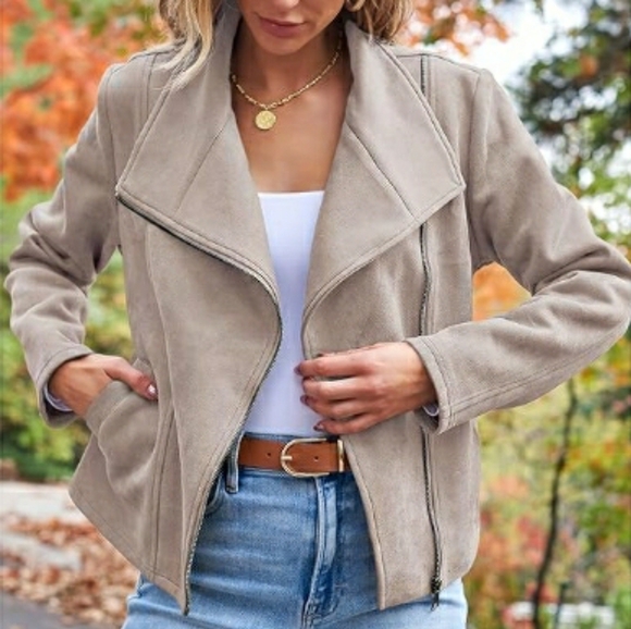 Women Faux Leather Cropped Open Front Coat Cardigan Style Jacket Tan - Picture 2 of 6